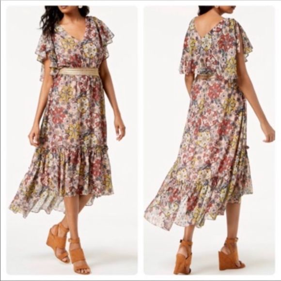 Taylor Pink Floral Flutter Sleeve High Low Midi Dress Size 4 - Picture 1 of 12